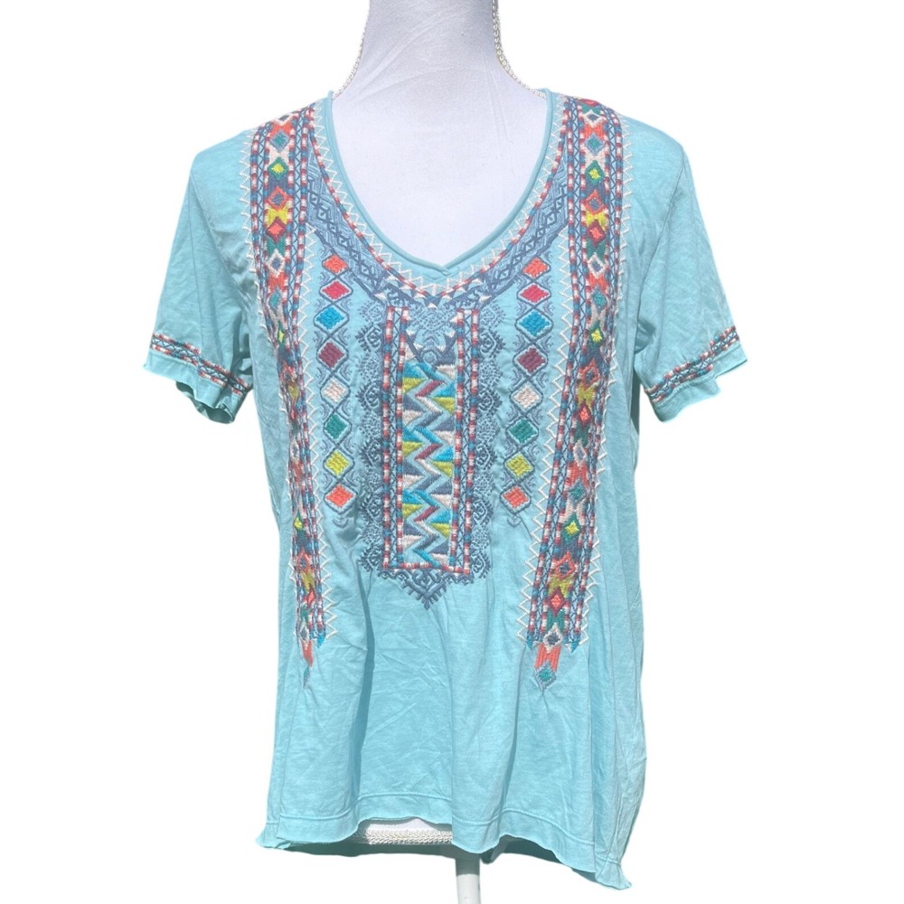 Johnny Was Amaris Everyday Tee Blue Size S Embroidered V Neck Short Sleeve NWT